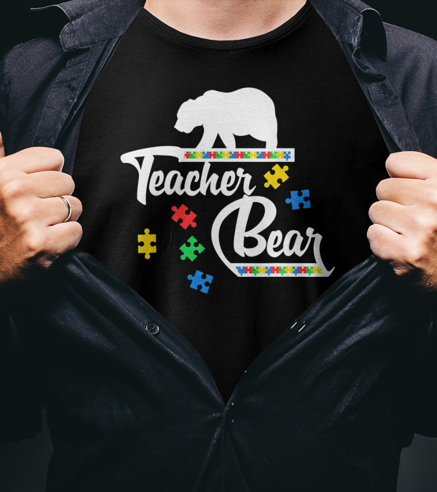 Teacher Bear Autism Awareness Puzzle Pieces T-Shirt