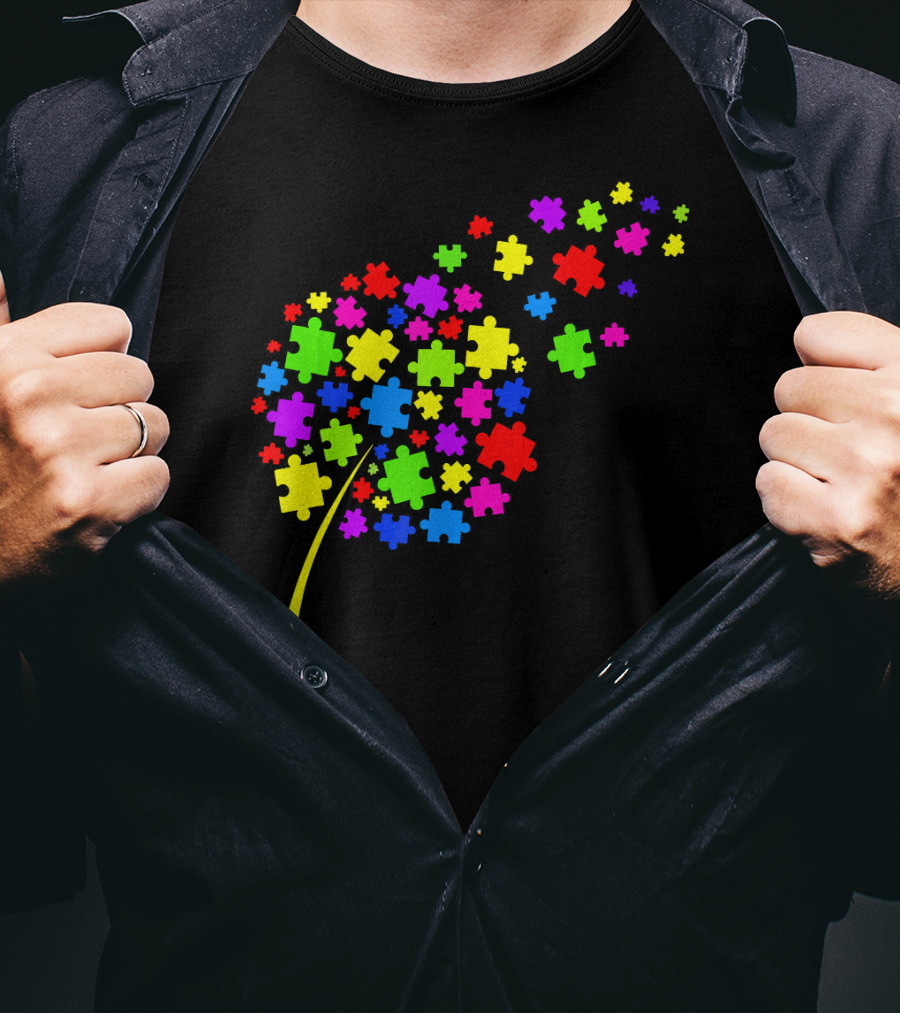 Dandelion Puzzle Pieces Multicolor Autism Awareness T-Shirt