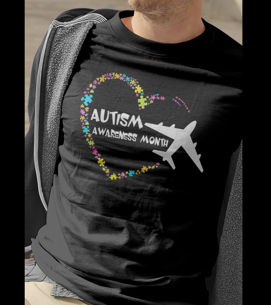 Autism Awareness Month Heart Puzzle With Airplane T-Shirt