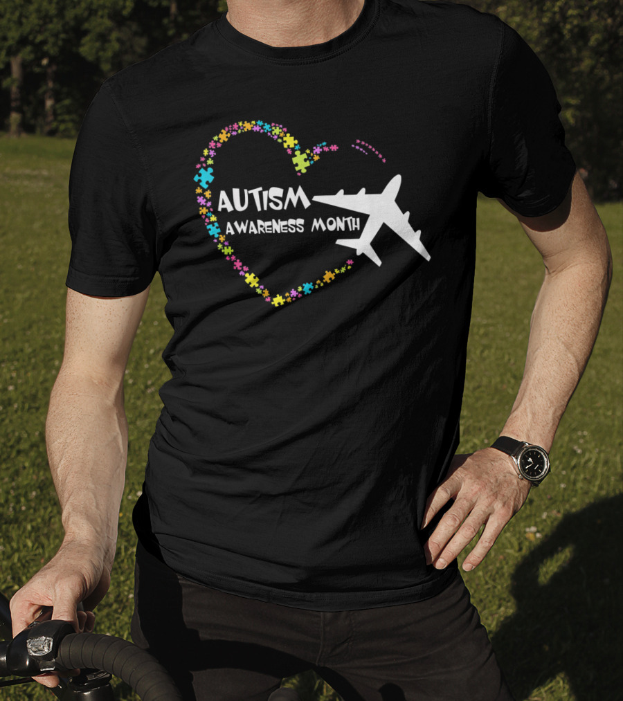 Autism Awareness Month Heart Puzzle With Airplane T-Shirt