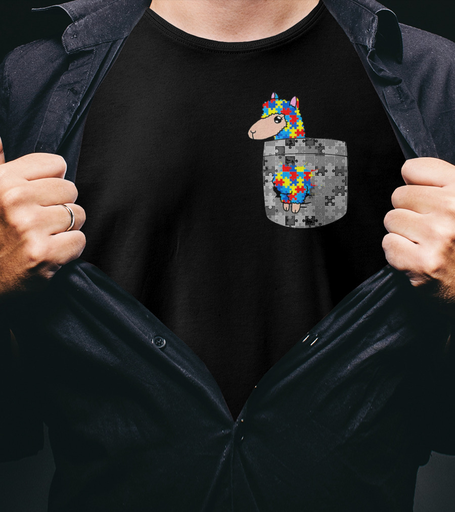 Funny Puzzle Pocket Llama Autism Awareness T-Shirt