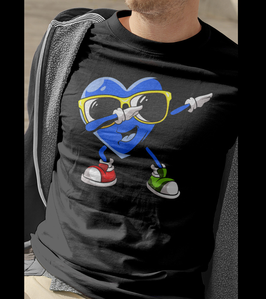 Autism Awareness Dabbing Blue Heart With Sunglasses In Red And Green Sneakers T-Shirt