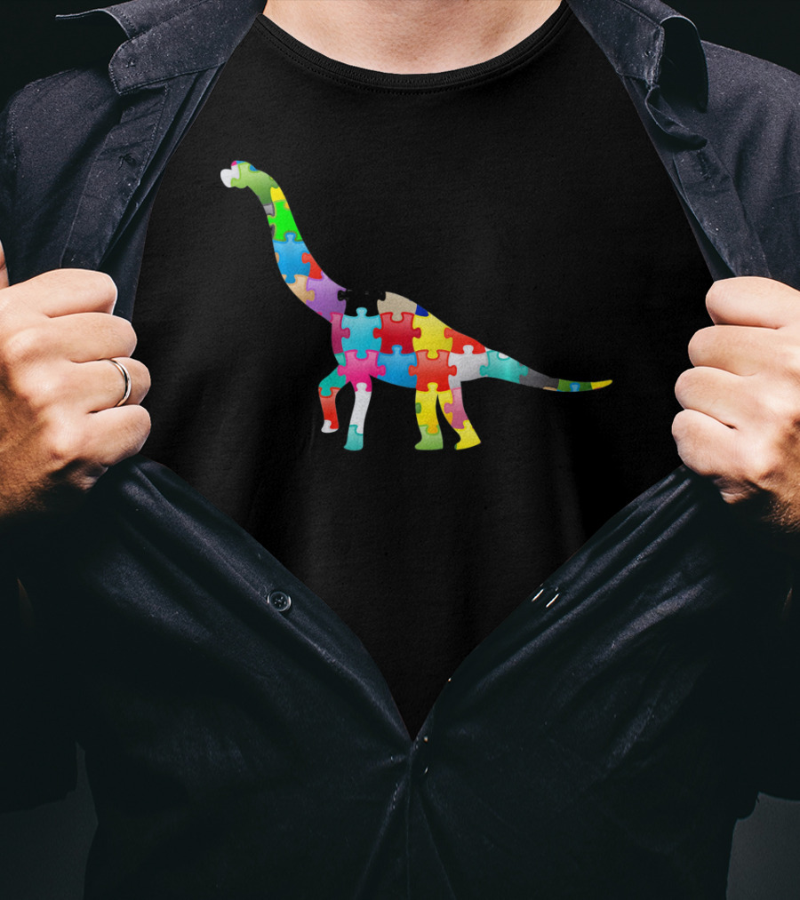 Autism Awareness Dinosaur Colorful Puzzle T-Shirt