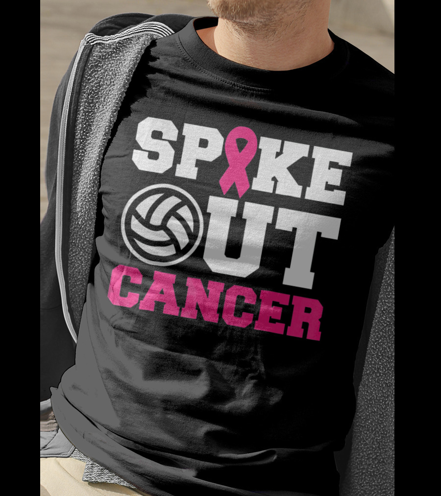 Volleyball Spike Out Cancer Pink Ribbon Breast Cancer Awareness T-Shirt