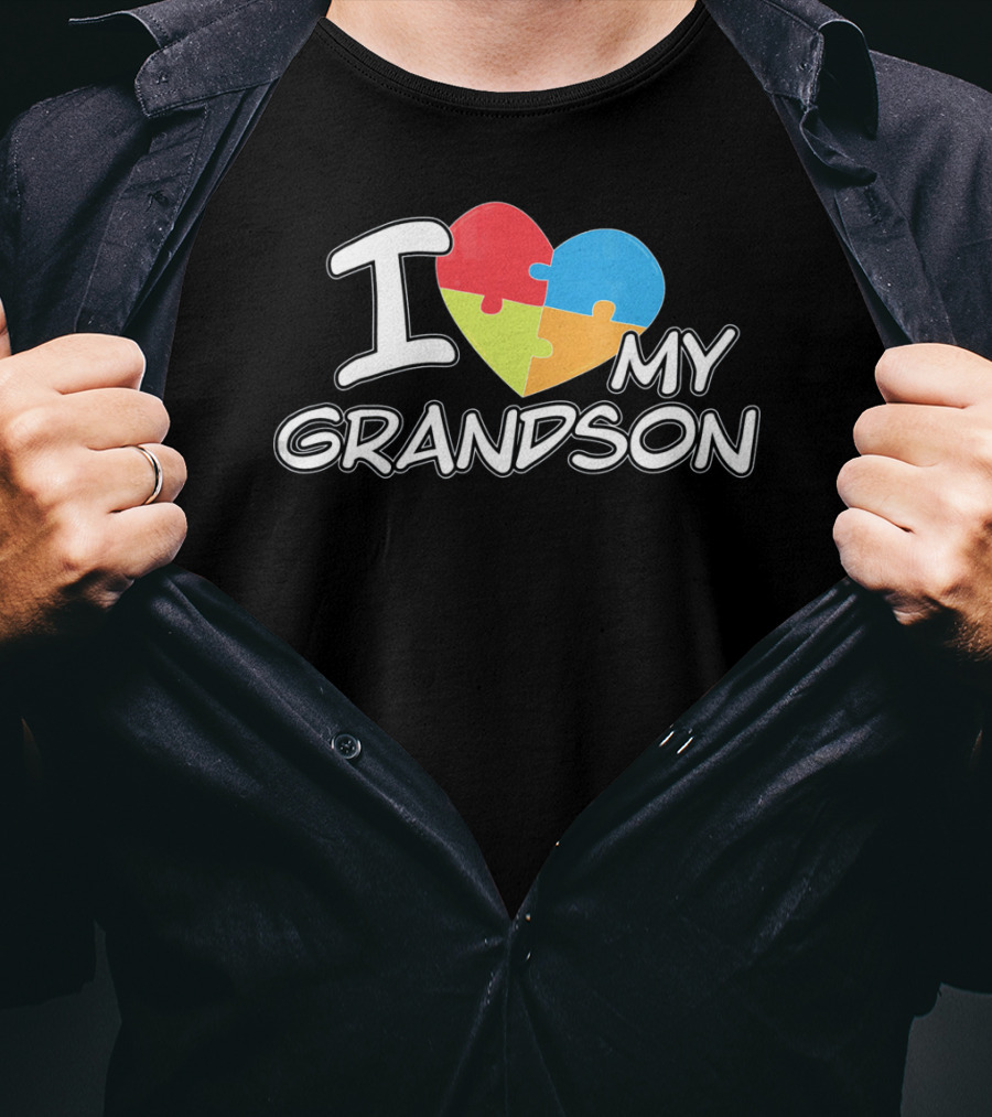 I Love My Grandson Puzzle Heart Autism Awareness T-Shirt