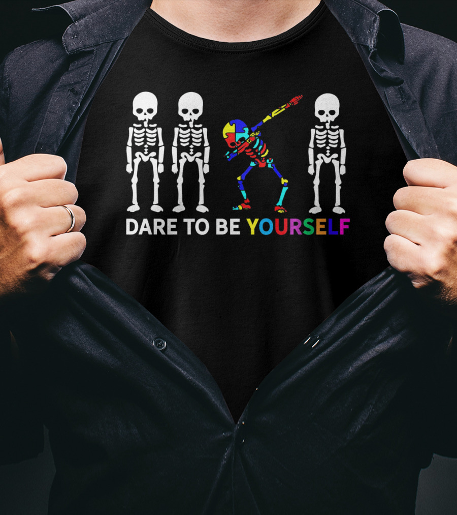 Skeleton Dabbing Dare To Be Yourself Autism Awareness T-Shirt