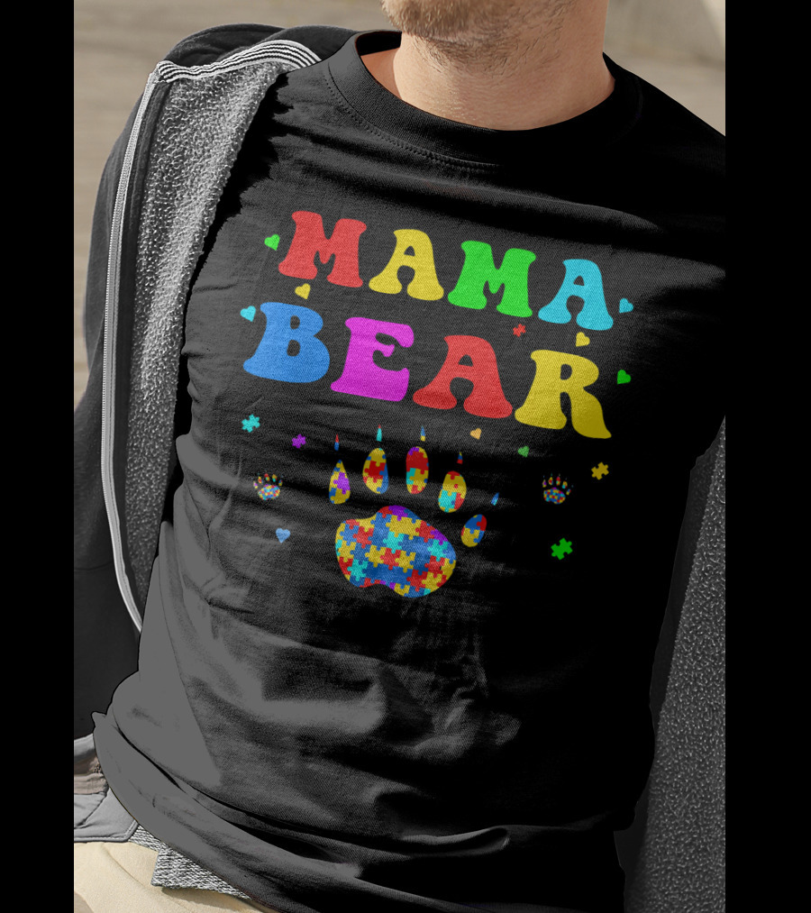Mama Bear Autism Awareness Paw Puzzle Pieces T-Shirt