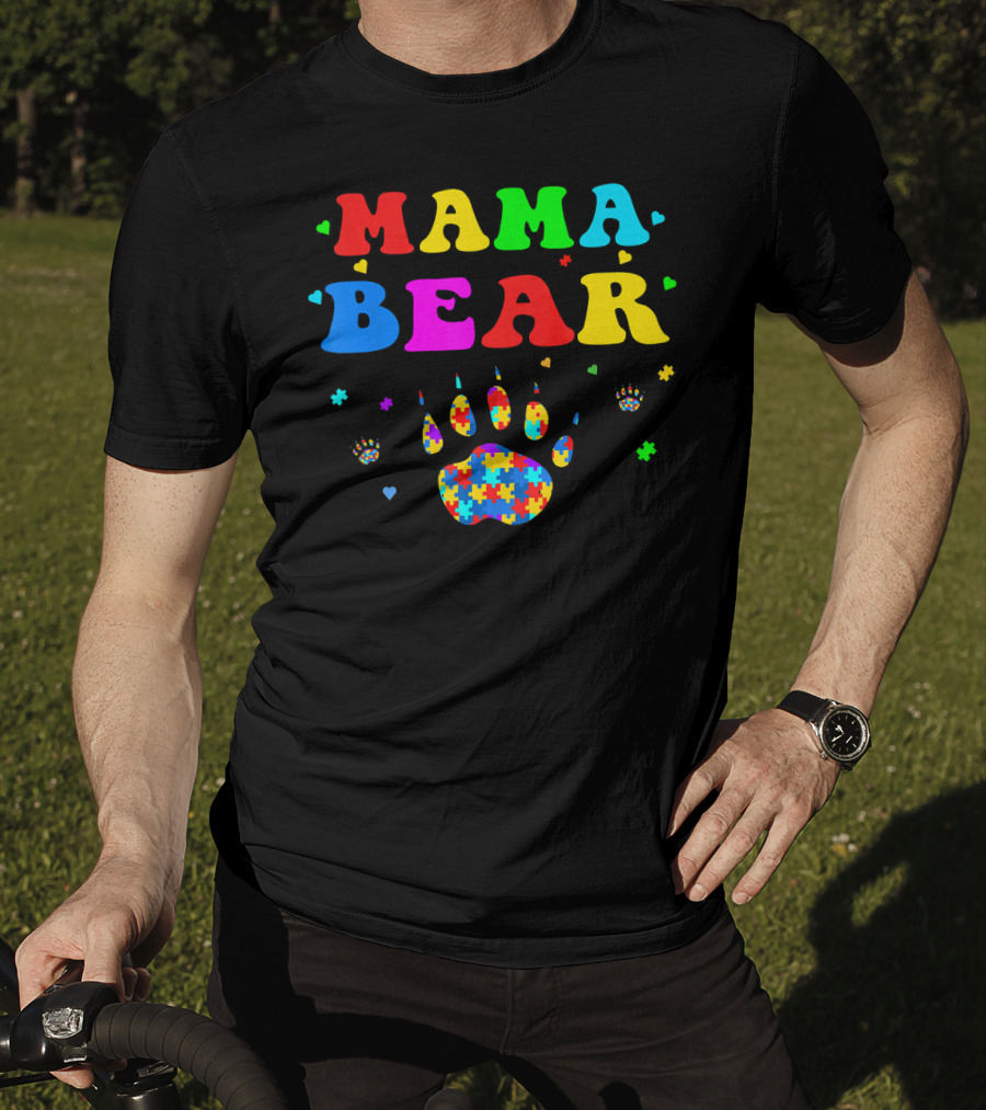 Mama Bear Autism Awareness Paw Puzzle Pieces T-Shirt