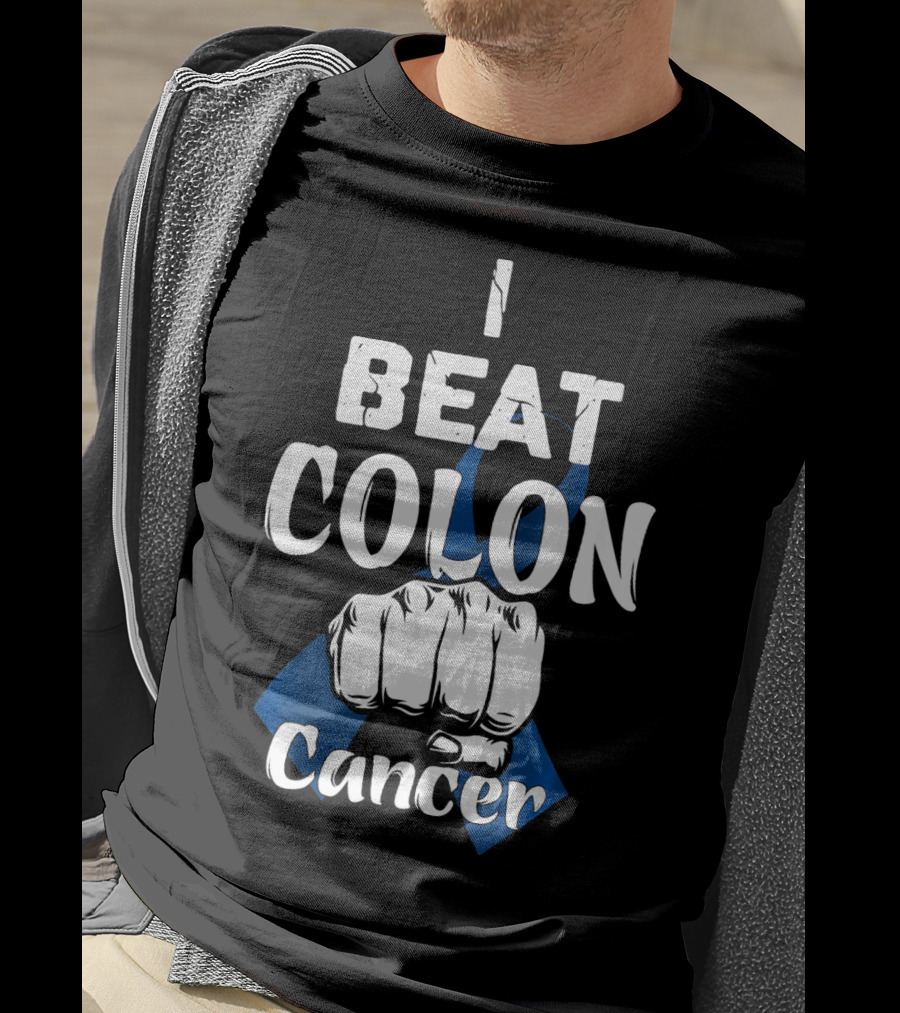 I Beat Colon Cancer Fist Blue T-Shirt