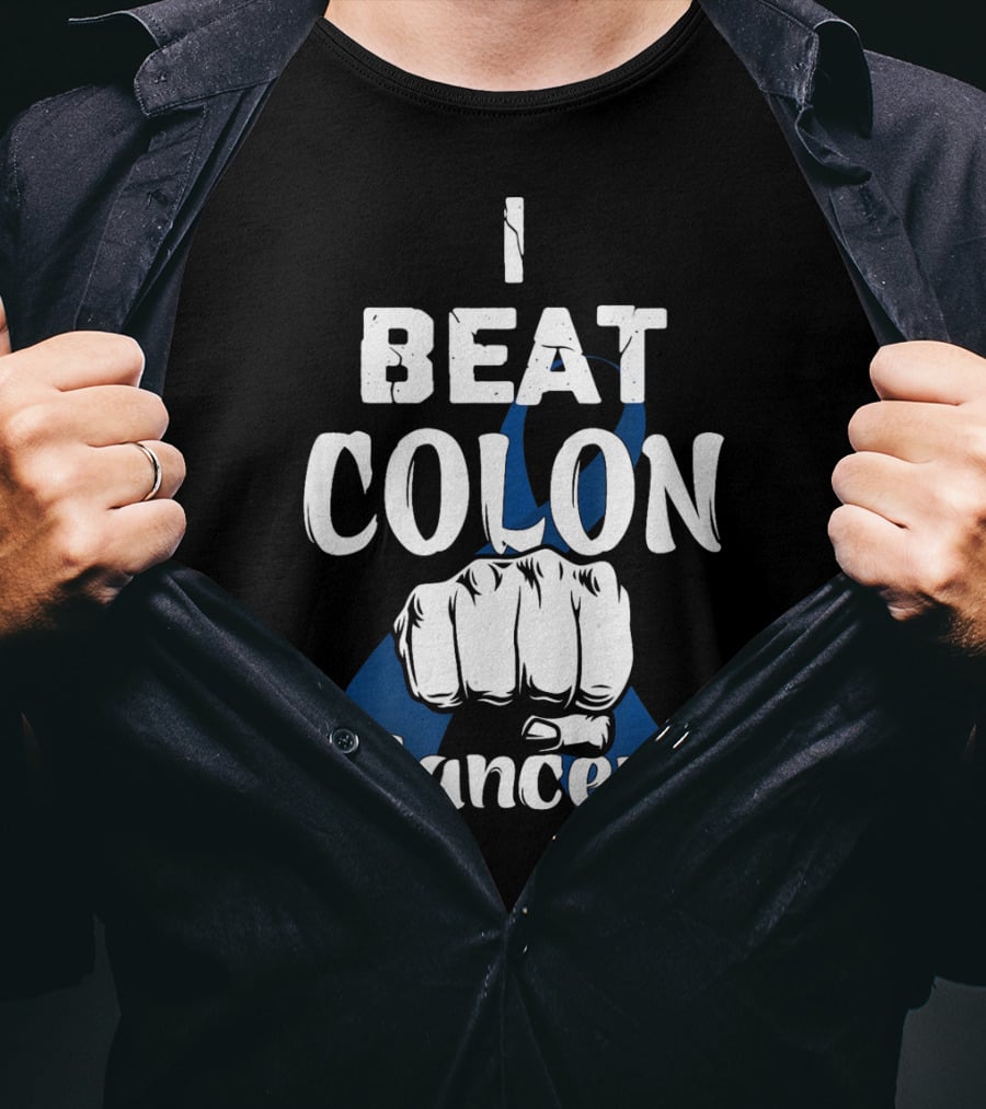 I Beat Colon Cancer Fist Blue T-Shirt
