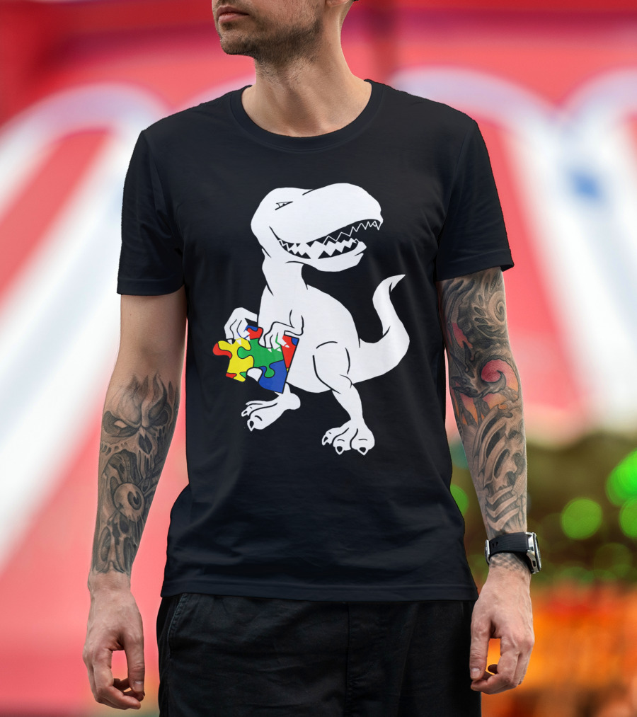 Dinosaur Holding Autism Puzzle Piece Awareness for Tyra T-Shirt
