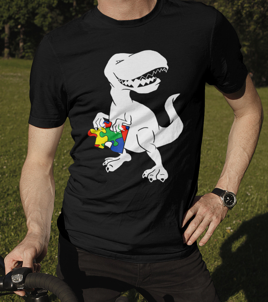 Dinosaur Holding Autism Puzzle Piece Awareness For Tyra T-Shirt