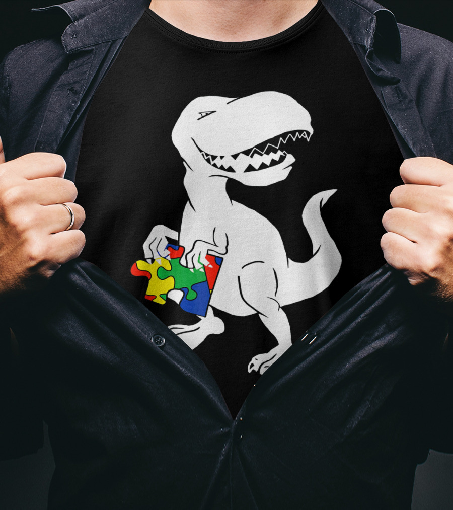 Dinosaur Holding Autism Puzzle Piece Awareness For Tyra T-Shirt