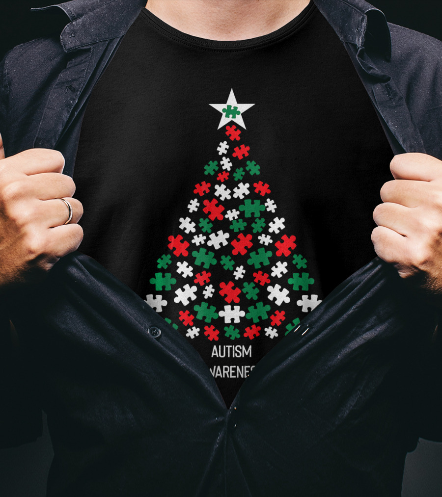 Christmas Autism Awareness Xmas Tree Puzzle Star T-Shirt