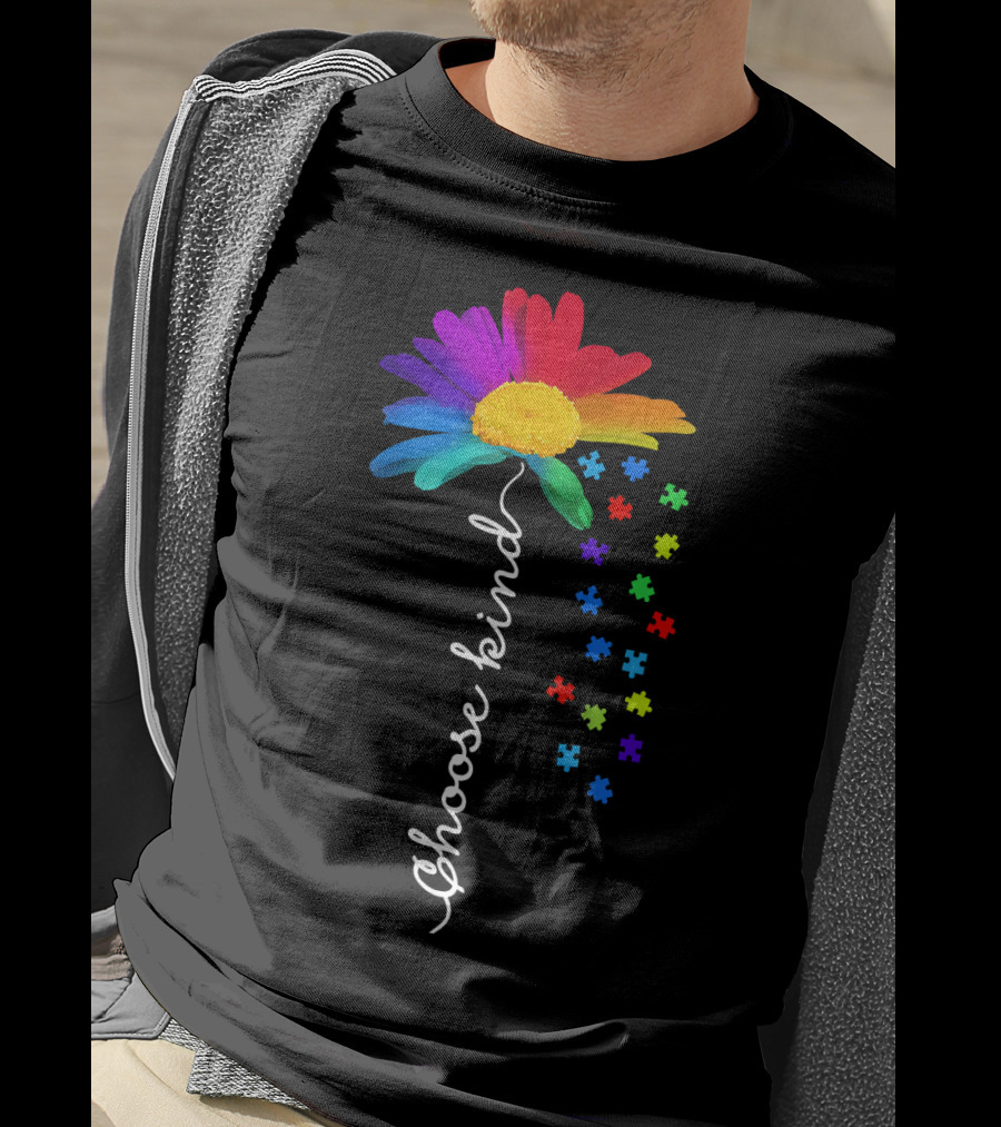 Choose Kind Autism Awareness Rainbow Daisy Puzzle Pieces T-Shirt