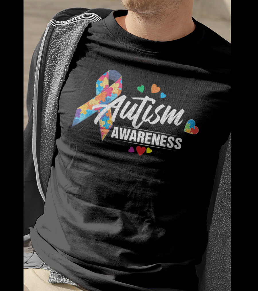Autism Awareness Puzzle Ribbon Hearts T-Shirt