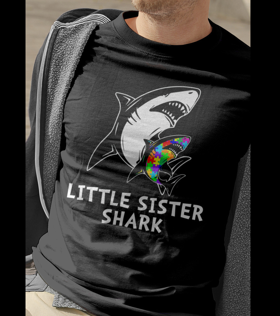 Little Sister Shark Autism Puzzle Awareness T-Shirt