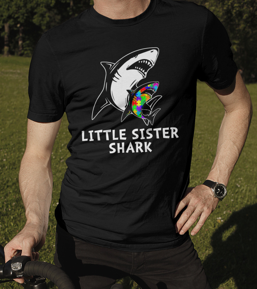 Little Sister Shark Autism Puzzle Awareness T-Shirt