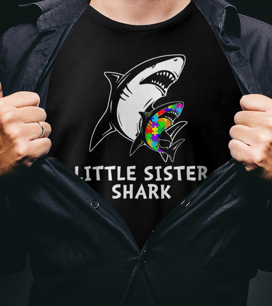 Little Sister Shark Autism Puzzle Awareness T-Shirt