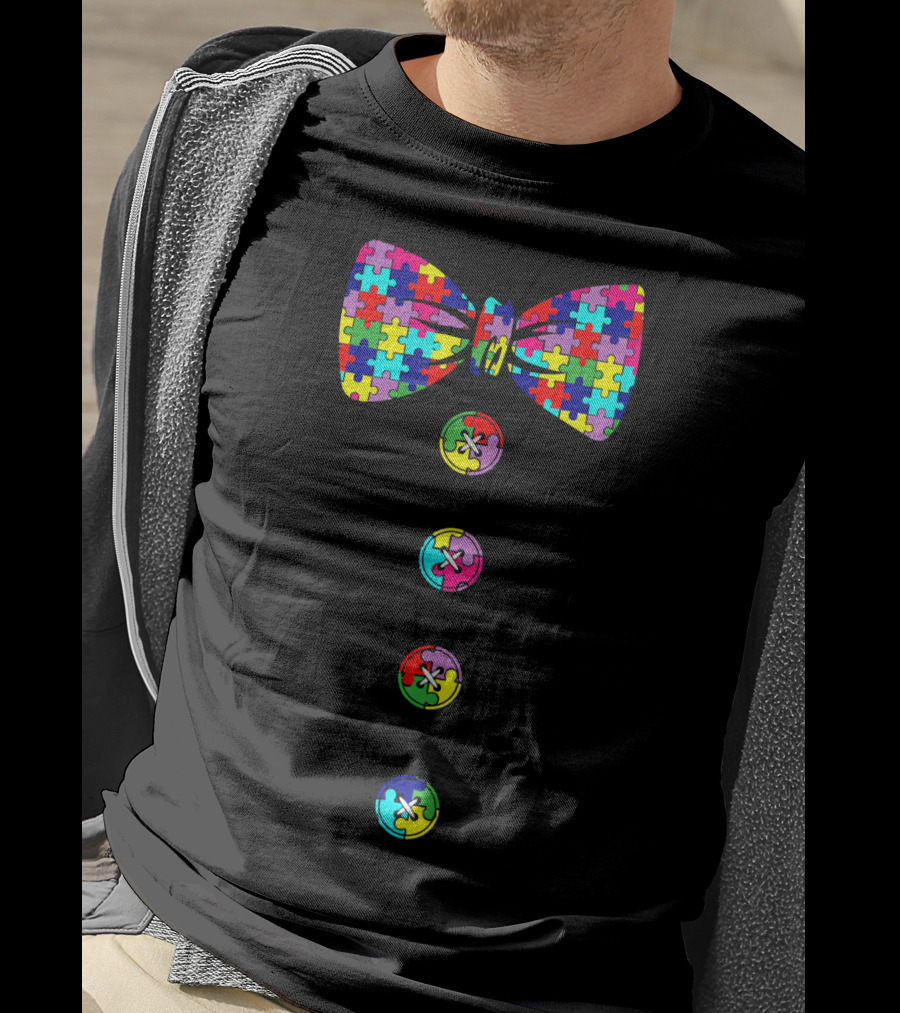 Autism Awareness Puzzle Bow Tie And Buttons T-Shirt