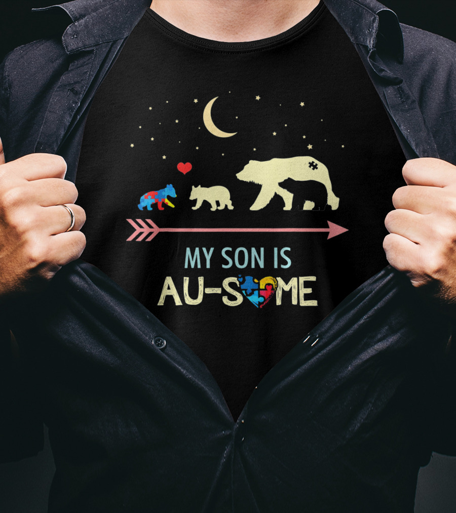 Autism Awareness My Son Is Au-Some Mama Bear And Cubs With Stars And Moon T-Shirt