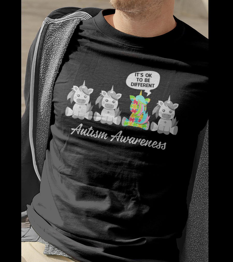 Autism Awareness Unicorn It's OK To Be Different With Puzzle Piece T-Shirt