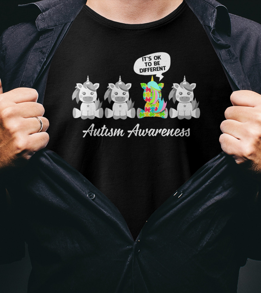 Autism Awareness Unicorn It's OK To Be Different With Puzzle Piece T-Shirt