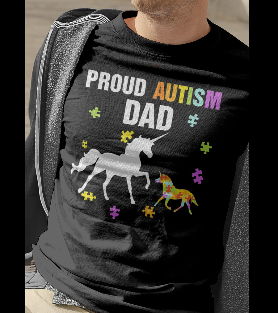 Proud Autism Dad Unicorn Puzzle Autism Awareness T-Shirt