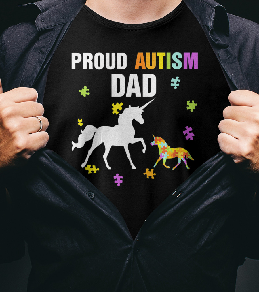 Proud Autism Dad Unicorn Puzzle Autism Awareness T-Shirt
