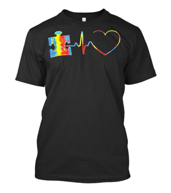 Autism Awareness Puzzle Piece With Colorful Heartbeat Line T-Shirt