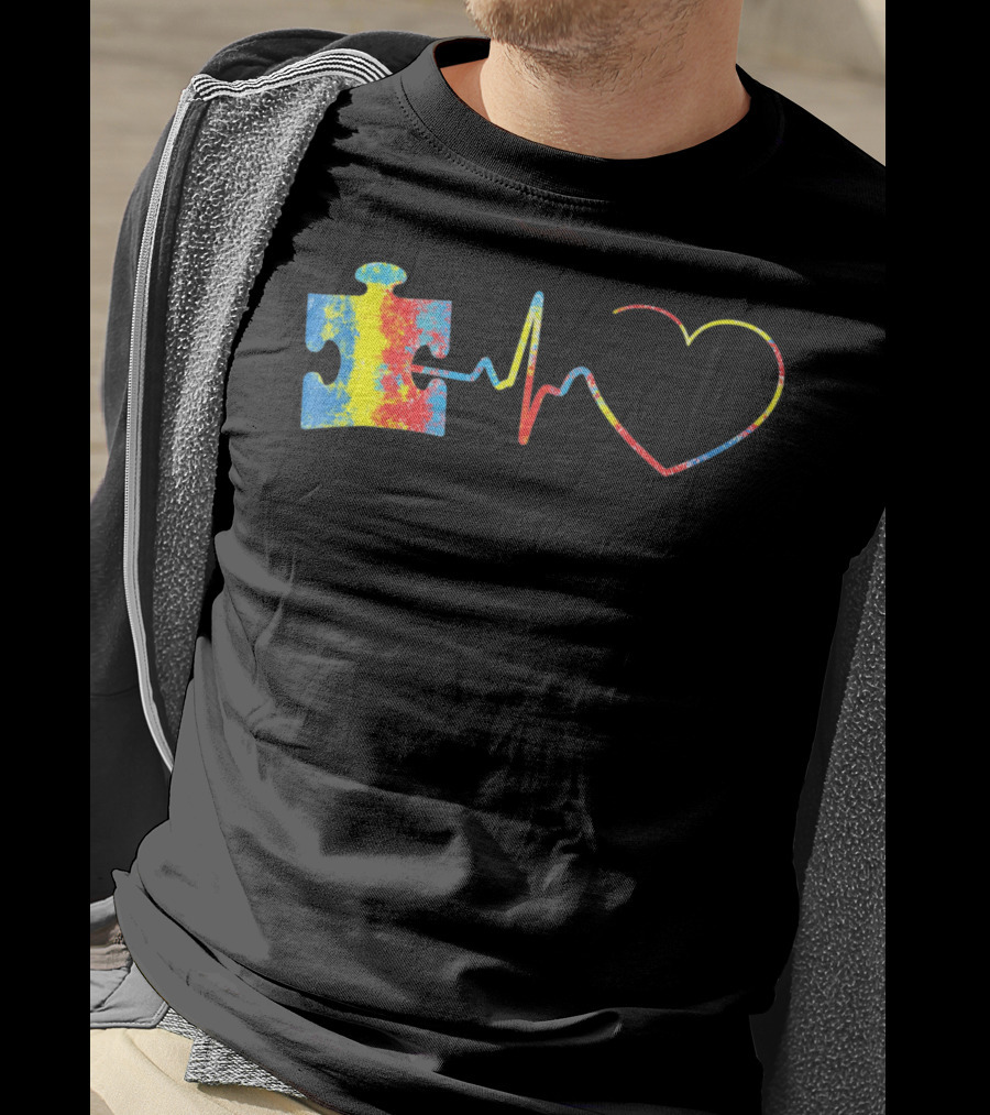 Autism Awareness Puzzle Piece With Colorful Heartbeat Line T-Shirt