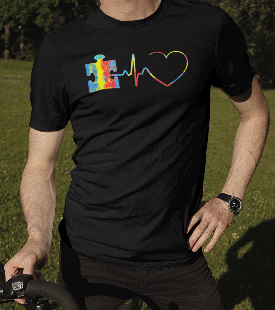 Autism Awareness Puzzle Piece With Colorful Heartbeat Line T-Shirt
