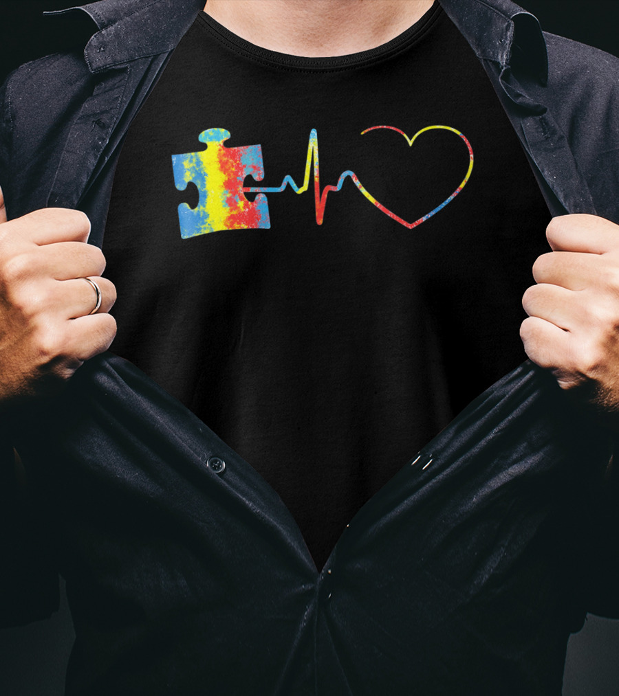Autism Awareness Puzzle Piece With Colorful Heartbeat Line T-Shirt
