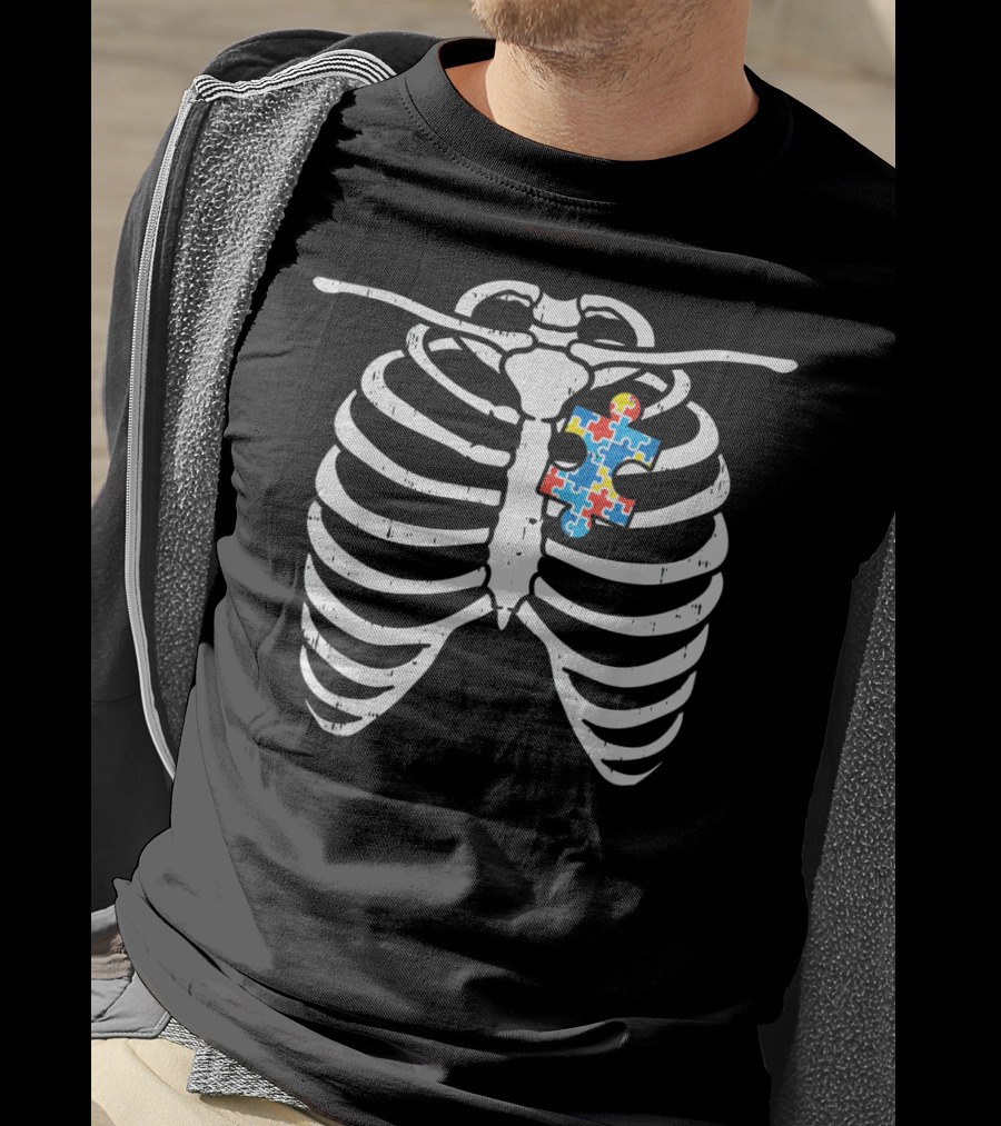 Autism Awareness Puzzle Piece Skeleton Ribcage X-Ray T-Shirt