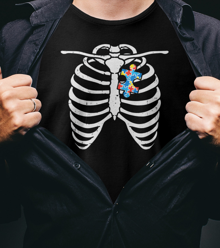 Autism Awareness Puzzle Piece Skeleton Ribcage X-Ray T-Shirt
