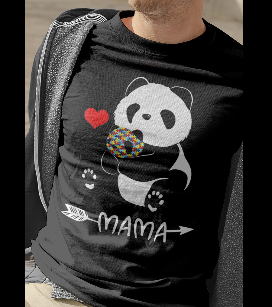 Mama Panda Bear Autism Awareness Heart Puzzle Support T-Shirt