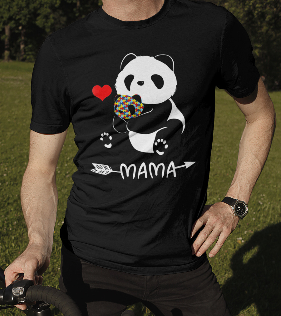Mama Panda Bear Autism Awareness Heart Puzzle Support T-Shirt