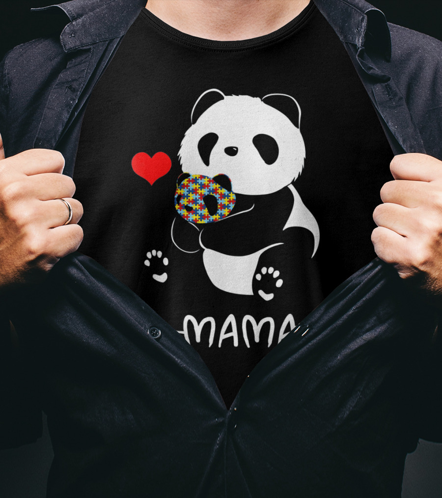 Mama Panda Bear Autism Awareness Heart Puzzle Support T-Shirt
