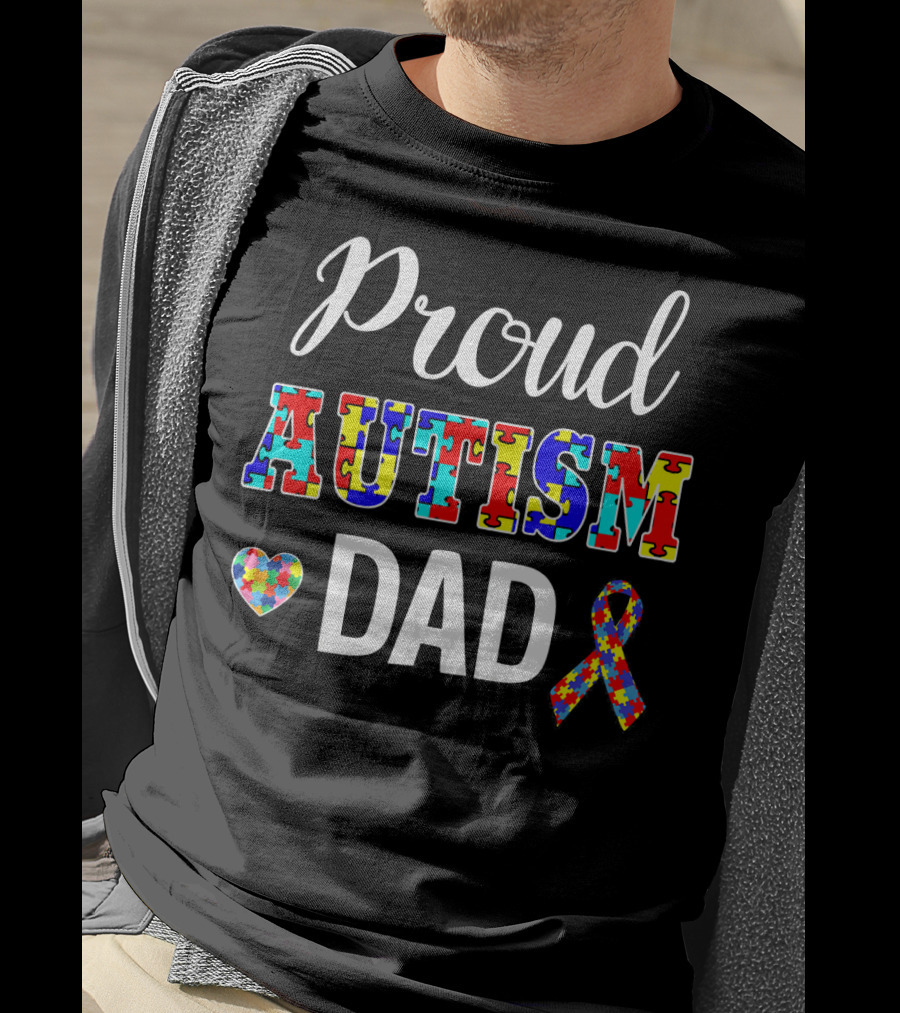 Proud Autism Dad With Puzzle Heart And Awareness T-Shirt