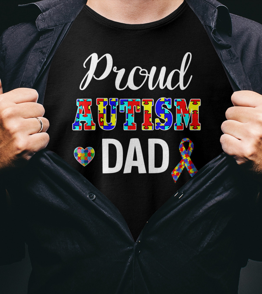 Proud Autism Dad With Puzzle Heart And Awareness T-Shirt