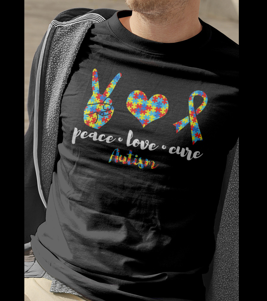 Peace Love Cure Autism Puzzle Ribbon Awareness Family T-Shirt