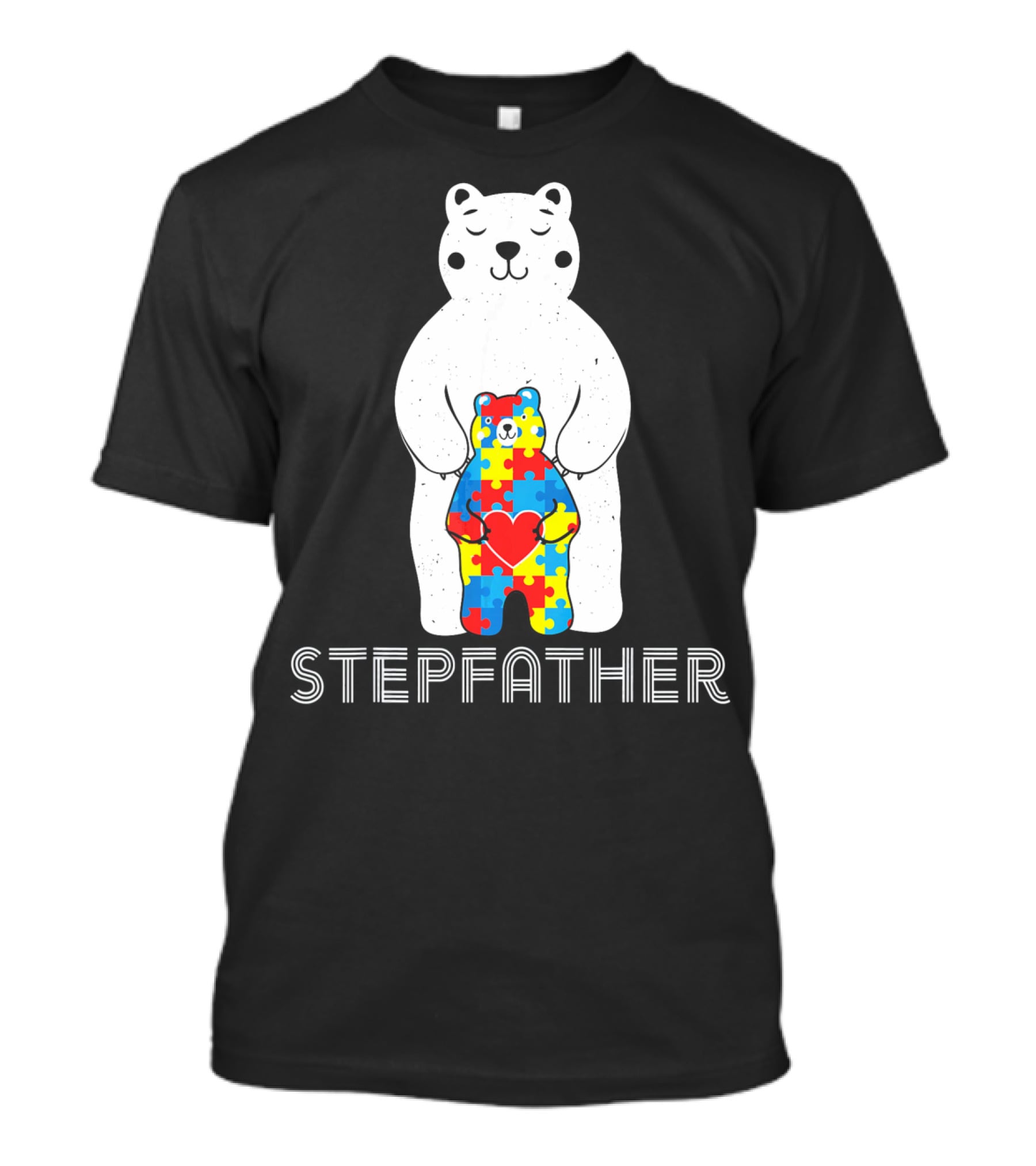 Stepfather Bear With Puzzle Pattern For Autism Awareness T-Shirt
