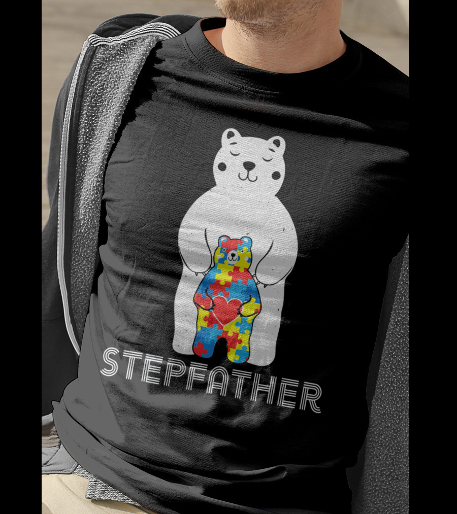 Stepfather Bear With Puzzle Pattern For Autism Awareness T-Shirt