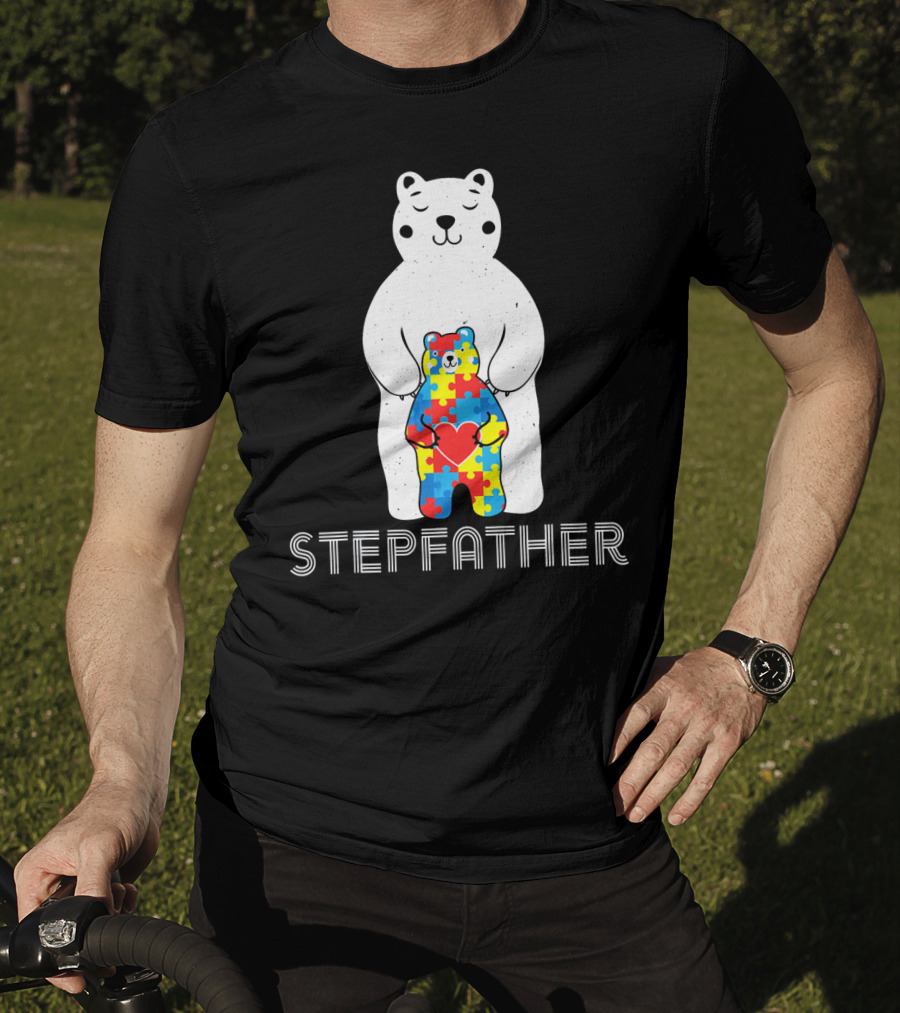 Stepfather Bear With Puzzle Pattern For Autism Awareness T-Shirt