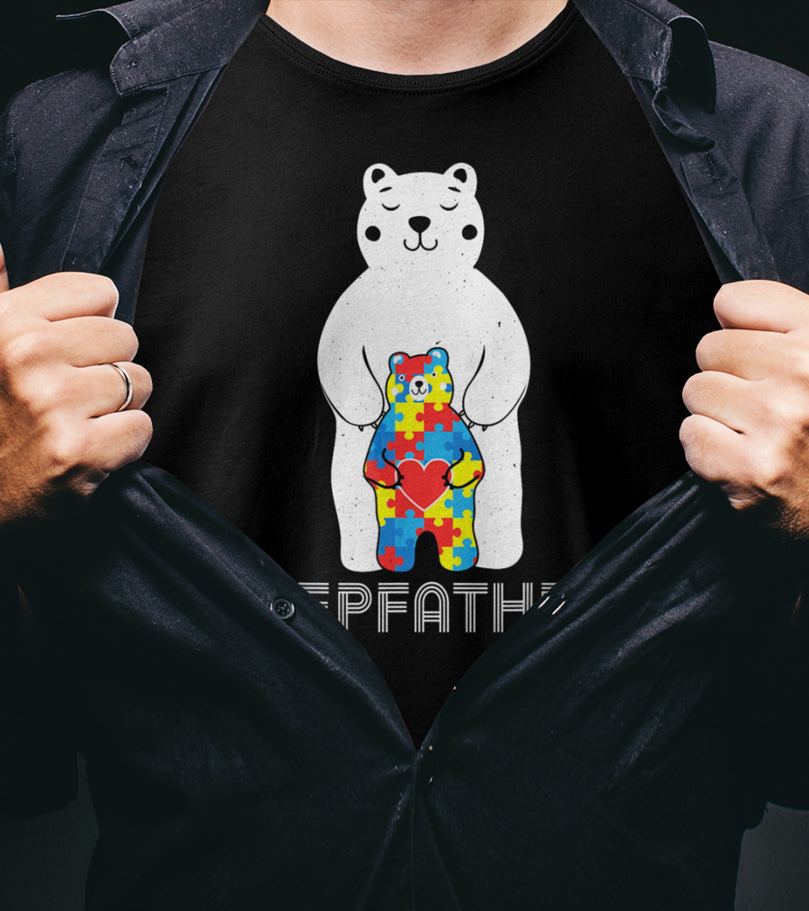 Stepfather Bear With Puzzle Pattern For Autism Awareness T-Shirt