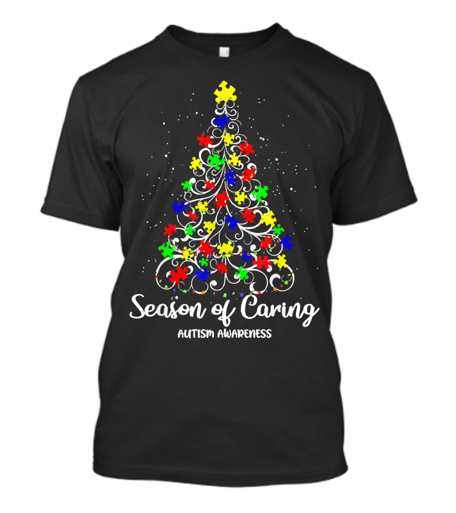 Season Of Caring Autism Awareness Puzzle Piece Christmas Tree T-Shirt