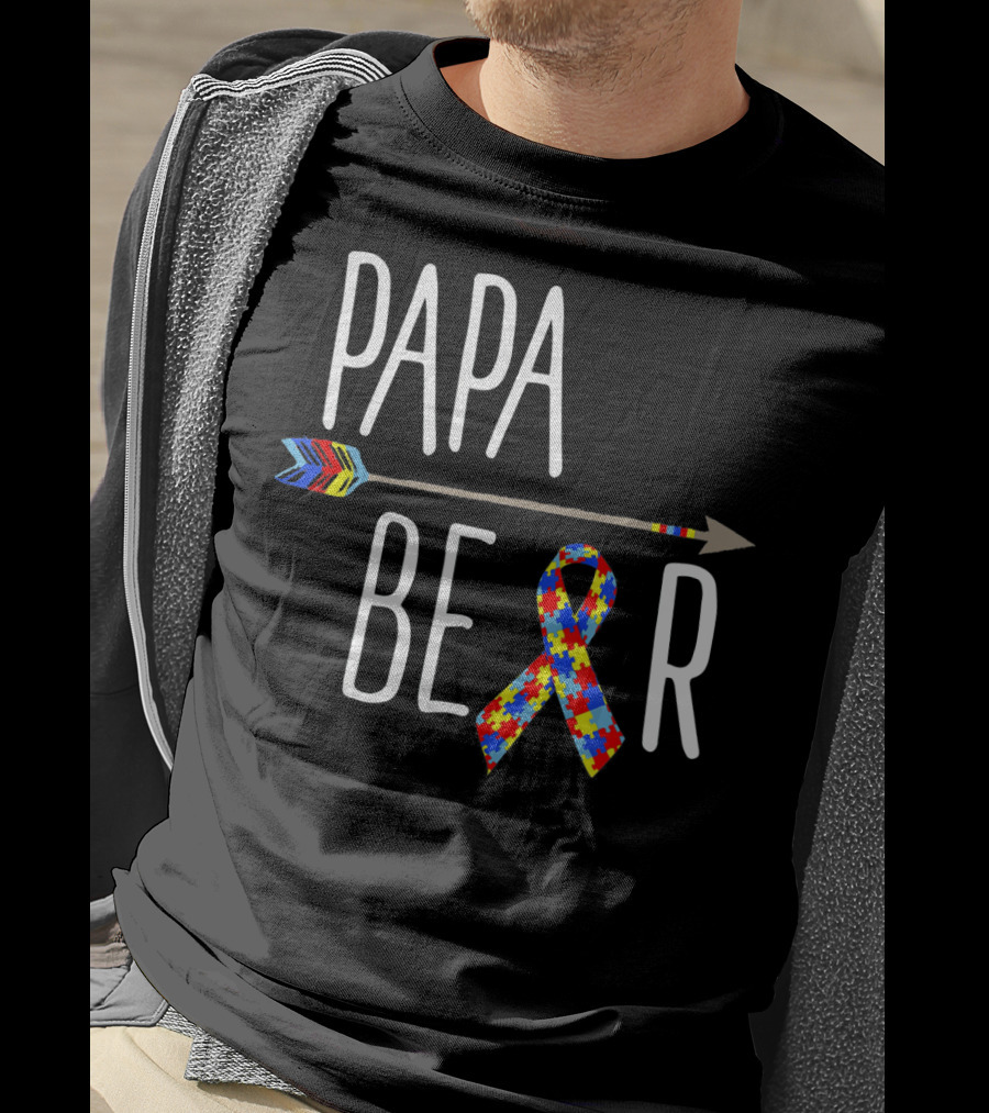 April Autism Awareness Papa Bear Puzzle Ribbon Arrow T-Shirt
