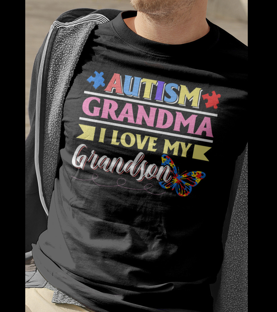 Autism Grandma I Love My Grandson Colorful Puzzle Butterfly T-Shirt