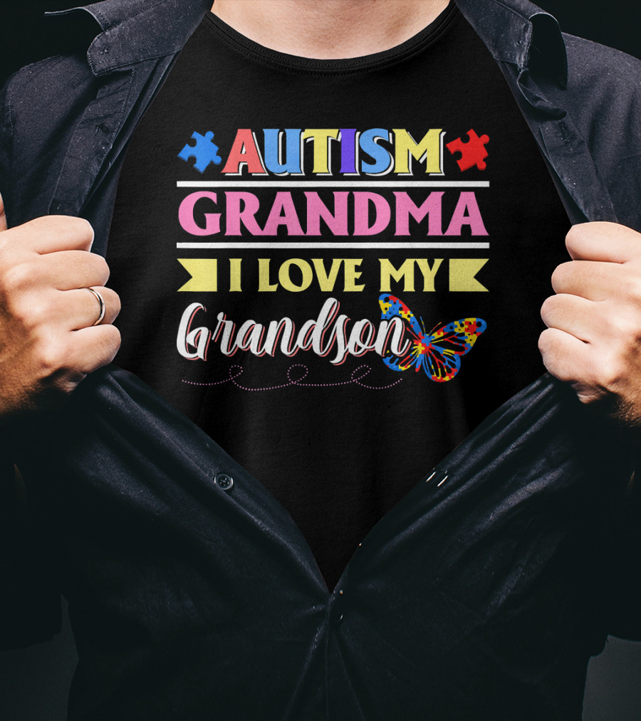 Autism Grandma I Love My Grandson Colorful Puzzle Butterfly T-Shirt