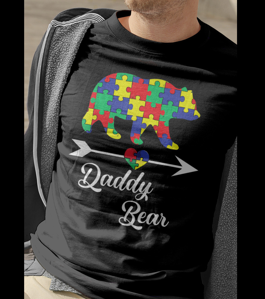 Daddy Bear Puzzle Heart Arrow Autism Awareness Dad T-Shirt